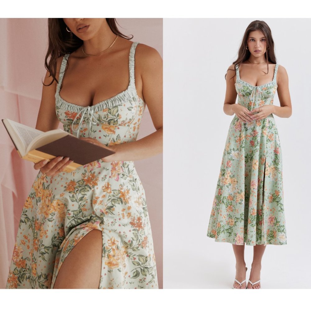 HOUSE OF CB 'Sabrina' Light Jade Print Bustier Sundress floral green NWOT S